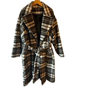 Ladies Plaid Belted Shawl Collar Coat Women US 24 XXL